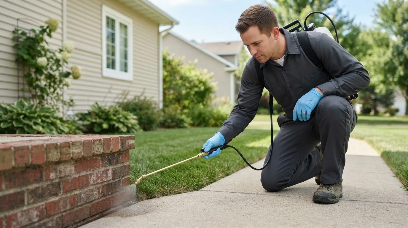 Pest control technician treating a home near Justiceburg, TX