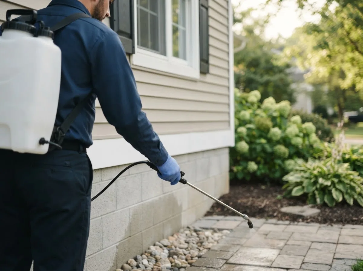Pest control technician inspecting a home in Justiceburg, TX